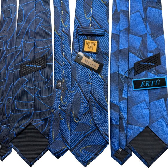 Philippe Ertu Tie 100% Silk Blue Gold Stipe Geo Japan Italy 3.75"x57-59" X5 - Picture 3 of 16